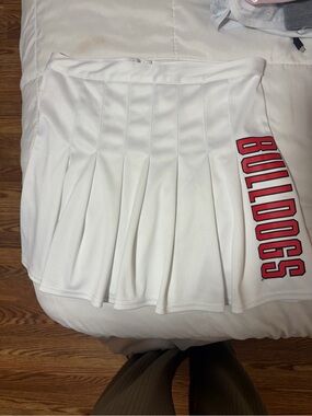 Rivalry Threads White Pleated Mini Skirt with Red Bulldogs Script